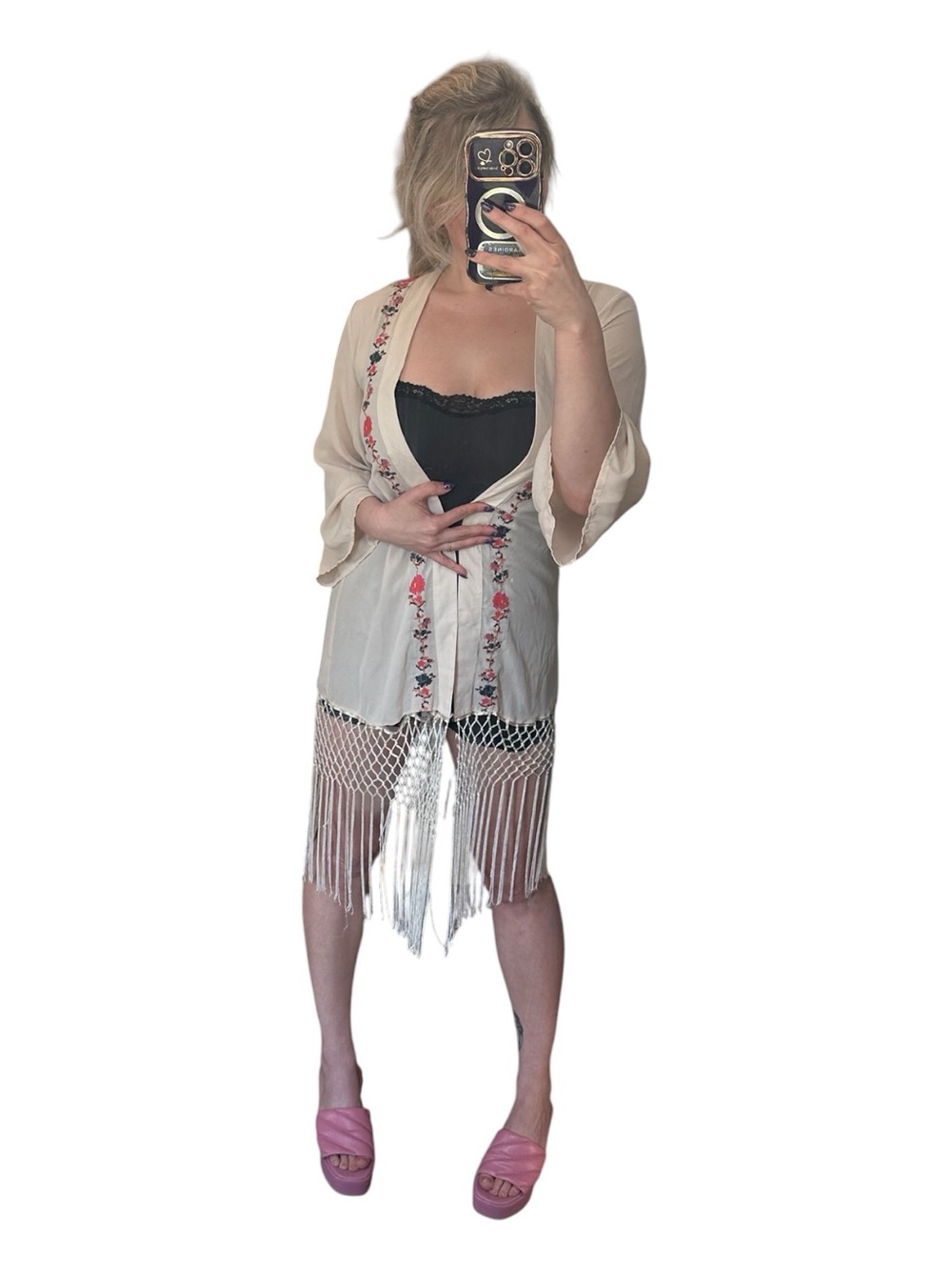 Staring at Stars Blush Kimono/Open Cardigan with Floral Embroidery & Fringe S - Picture 6 of 6